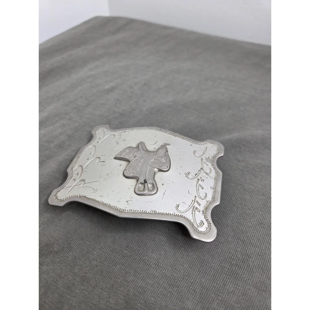 Vintage Nickel Western Saddle Rodeo Cowboy Belt Buckle